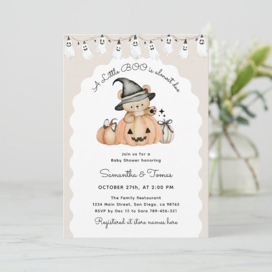 Halloween Little Boo Schattig Pompoen Baby shower Kaart (Staand voorkant)