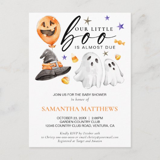 Halloween Little Boo Watercolor Baby Shower Briefkaart (Voorkant)