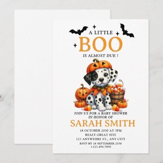 Halloween Little Dog Boo is Almost Due Baby Shower Kaart (Voorkant / Achterkant)