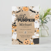 Halloween Little Pumpkin Ghost Birthday Party Kaart (Staand voorkant)