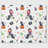 Halloween Little Witch, Black Cat and Pumpkin Cute Cadeaupapier (Vlak)