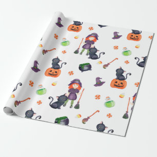 Halloween Little Witch, Black Cat and Pumpkin Cute Cadeaupapier