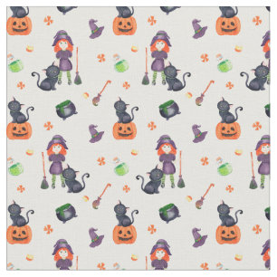 Halloween Little Witch, Black Cat and Pumpkin Cute Stof