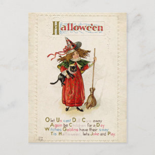 Halloween Little Witch Girl met een kat Briefkaart