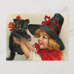 Halloween Little Witch Holding Black Cat Briefkaart