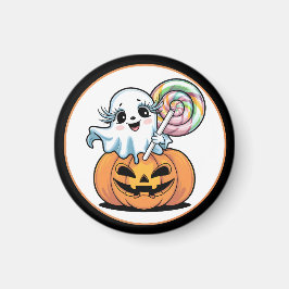 Halloween Lollipop Ghost On Pumpkin Magneet