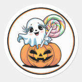 Halloween Lollipop Ghost On Pumpkin Ronde Sticker (Voorkant)