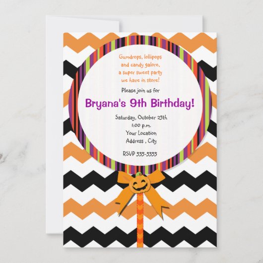 Halloween Lollipop Pumpkin Bow Party Uitnodiging (Voorkant)
