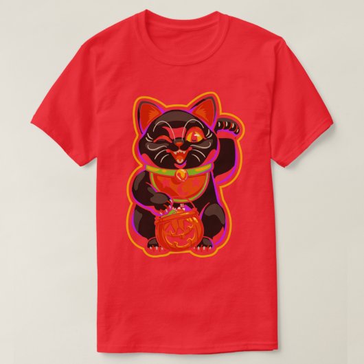 Halloween Lucky Black Cat Maneki Neko T-shirt (Design voorkant)