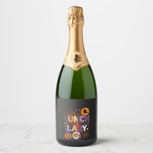 Halloween Lunch Dames Heks Keuken Vector Sparkling Wijnetiket (Voorkant)