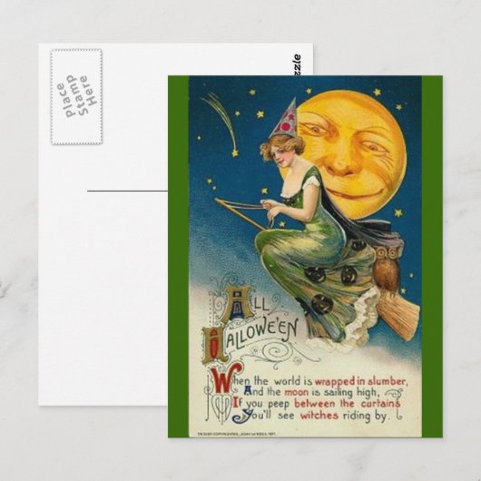 -halloween-maan-braomstick briefkaart (Voorkant / Achterkant)