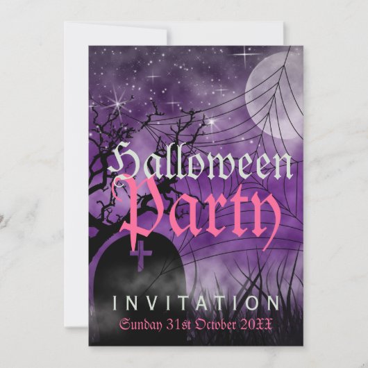 Halloween Maan & Spinnenweb Paarse Uitnodiging (Voorkant)