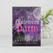 Halloween Maan & Spinnenweb Paarse Uitnodiging (Staand voorkant)