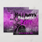 Halloween Maan+Spinneweb Roze+Zwart Uitnodiging (Voorkant / Achterkant)