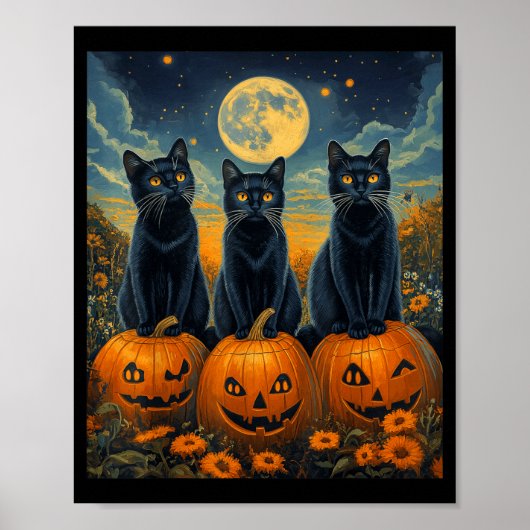 Halloween Maanverlichte Pompoenveld Zwarte Katten Poster (Voorkant)