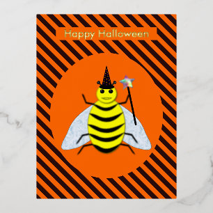 Halloween Magic Bee Witch Oranje en Black Stripes Folie Feestdagen Briefkaart