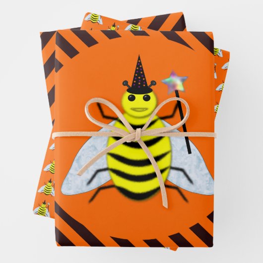 Halloween Magic Bee Witch Oranje en Black Stripes Inpakpapier Vel (In situ)