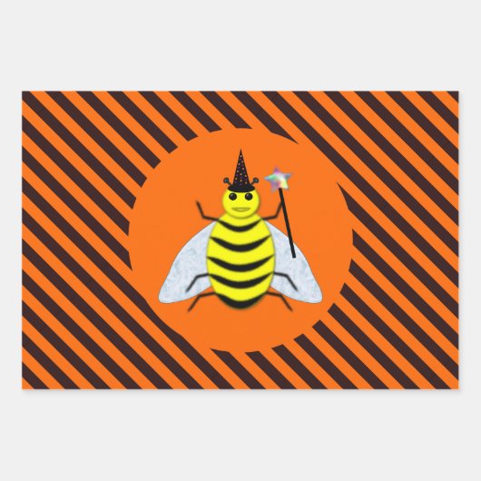 Halloween Magic Bee Witch Oranje en Black Stripes Inpakpapier Vel (Voorkant)
