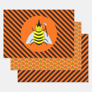 Halloween Magic Bee Witch Oranje en Black Stripes Inpakpapier Vel