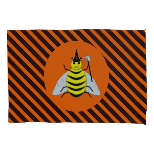 Halloween Magic Bee Witch Oranje en Black Stripes Kussensloop (Voorkant)
