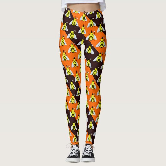Halloween Magic Bee Witch Oranje en Black Stripes Leggings (Voorkant)