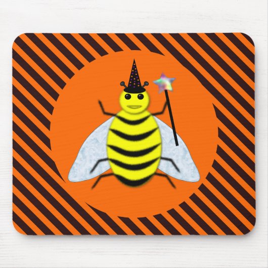 Halloween Magic Bee Witch Oranje en Black Stripes Muismat (Voorkant)