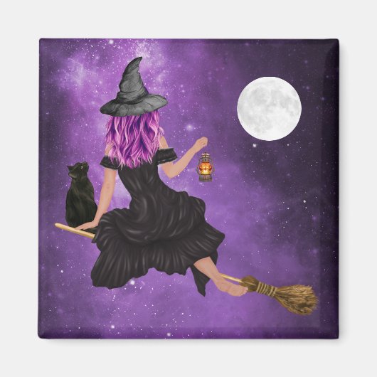 Halloween Magic Flying Witch Volle Maan Magneet (Voorkant)