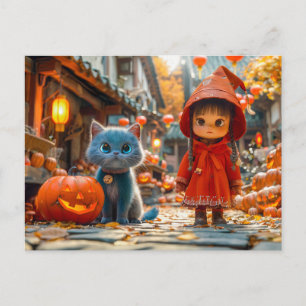 Halloween-magië met pompoenen en kat feestdagenkaart
