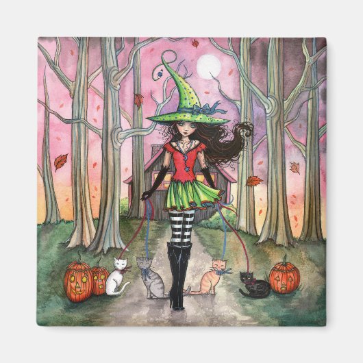 Halloween Magneet Heks en Katten (Voorkant)