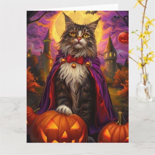 Halloween Maine Coon Cat Vampire Pumpkins eng Kaart (Gele Bloem)