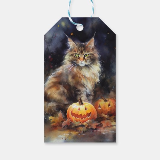 Halloween Maine Coon Cat with Pumpkins Scary Cadeaulabel (Achterkant)