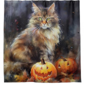 Halloween Maine Coon Cat with Pumpkins Scary Douchegordijn (Voorkant)