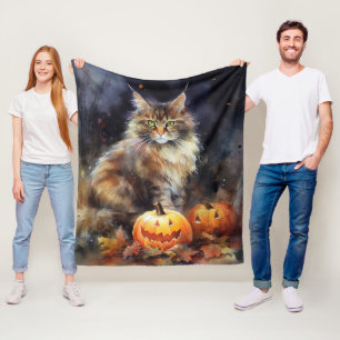 Halloween Maine Coon Cat with Pumpkins Scary Fleece Deken
