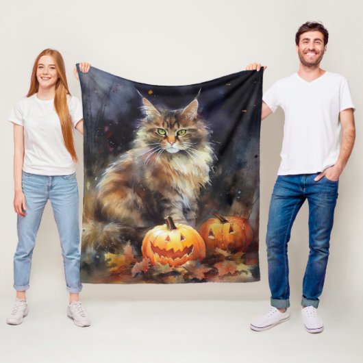 Halloween Maine Coon Cat with Pumpkins Scary Fleece Deken (In situ)