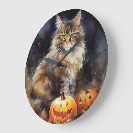 Halloween Maine Coon Cat with Pumpkins Scary Grote Klok (Hoek)