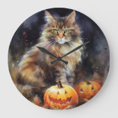 Halloween Maine Coon Cat with Pumpkins Scary Grote Klok (Voorkant)