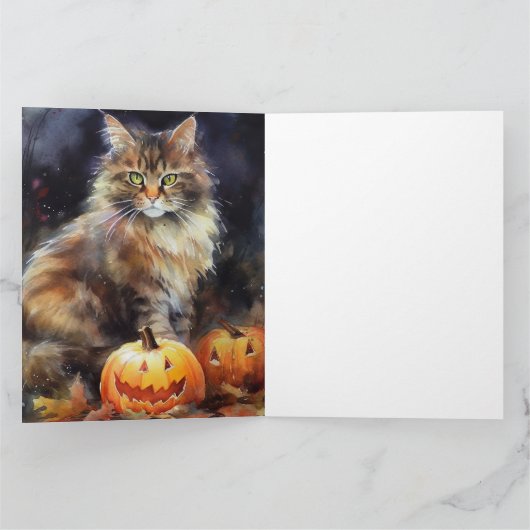 Halloween Maine Coon Cat with Pumpkins Scary Kaart (Binnen)