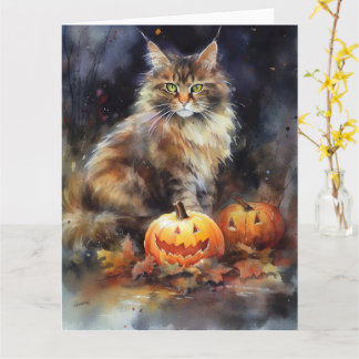 Halloween Maine Coon Cat with Pumpkins Scary Kaart