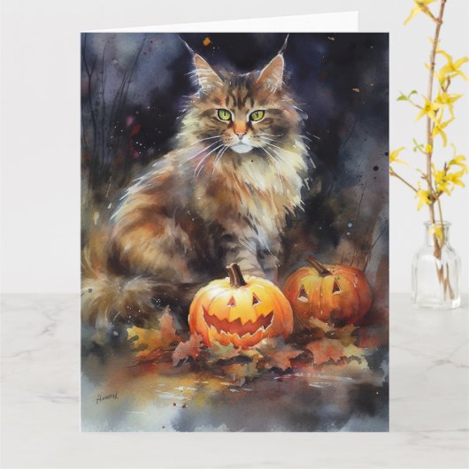 Halloween Maine Coon Cat with Pumpkins Scary Kaart (Gele Bloem)