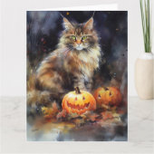 Halloween Maine Coon Cat with Pumpkins Scary Kaart (Voorkant)