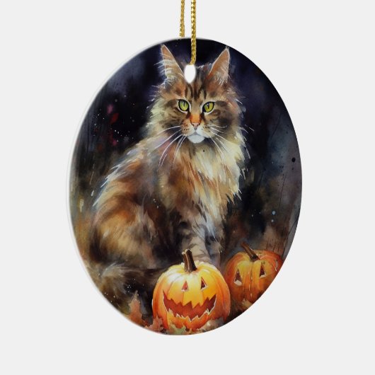 Halloween Maine Coon Cat with Pumpkins Scary Keramisch Ornament (Rechts)