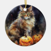 Halloween Maine Coon Cat with Pumpkins Scary Keramisch Ornament (Voorkant)