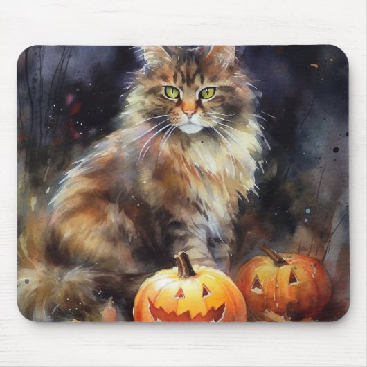Halloween Maine Coon Cat with Pumpkins Scary Muismat (Voorkant)
