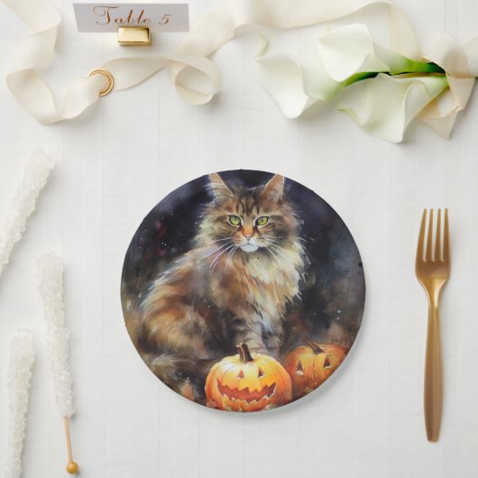Halloween Maine Coon Cat with Pumpkins Scary Papieren Bordje (Huwelijk)