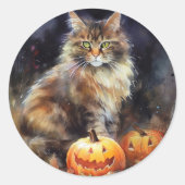 Halloween Maine Coon Cat with Pumpkins Scary Ronde Sticker (Voorkant)