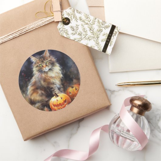 Halloween Maine Coon Cat with Pumpkins Scary Ronde Sticker (Geschenken)