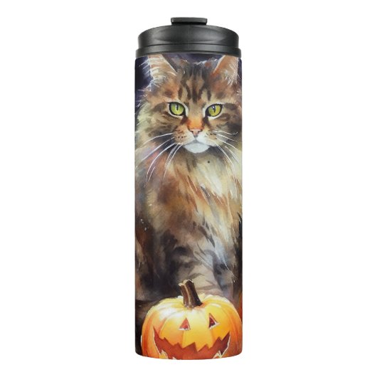 Halloween Maine Coon Cat with Pumpkins Scary Thermosbeker (Voorkant)