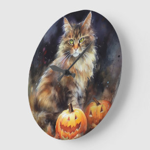 Halloween Maine Coon Kat Met Pompoenen Griezelen Grote Klok