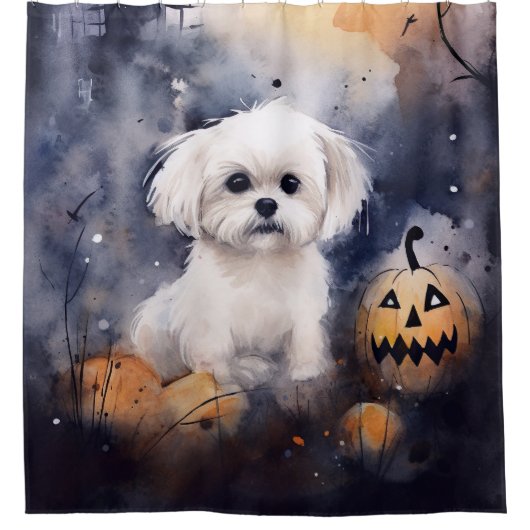 Halloween Maltese met pompoenen eng Douchegordijn (Voorkant)