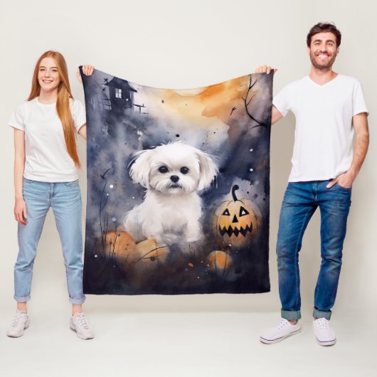 Halloween Maltese met pompoenen eng Fleece Deken (In situ)